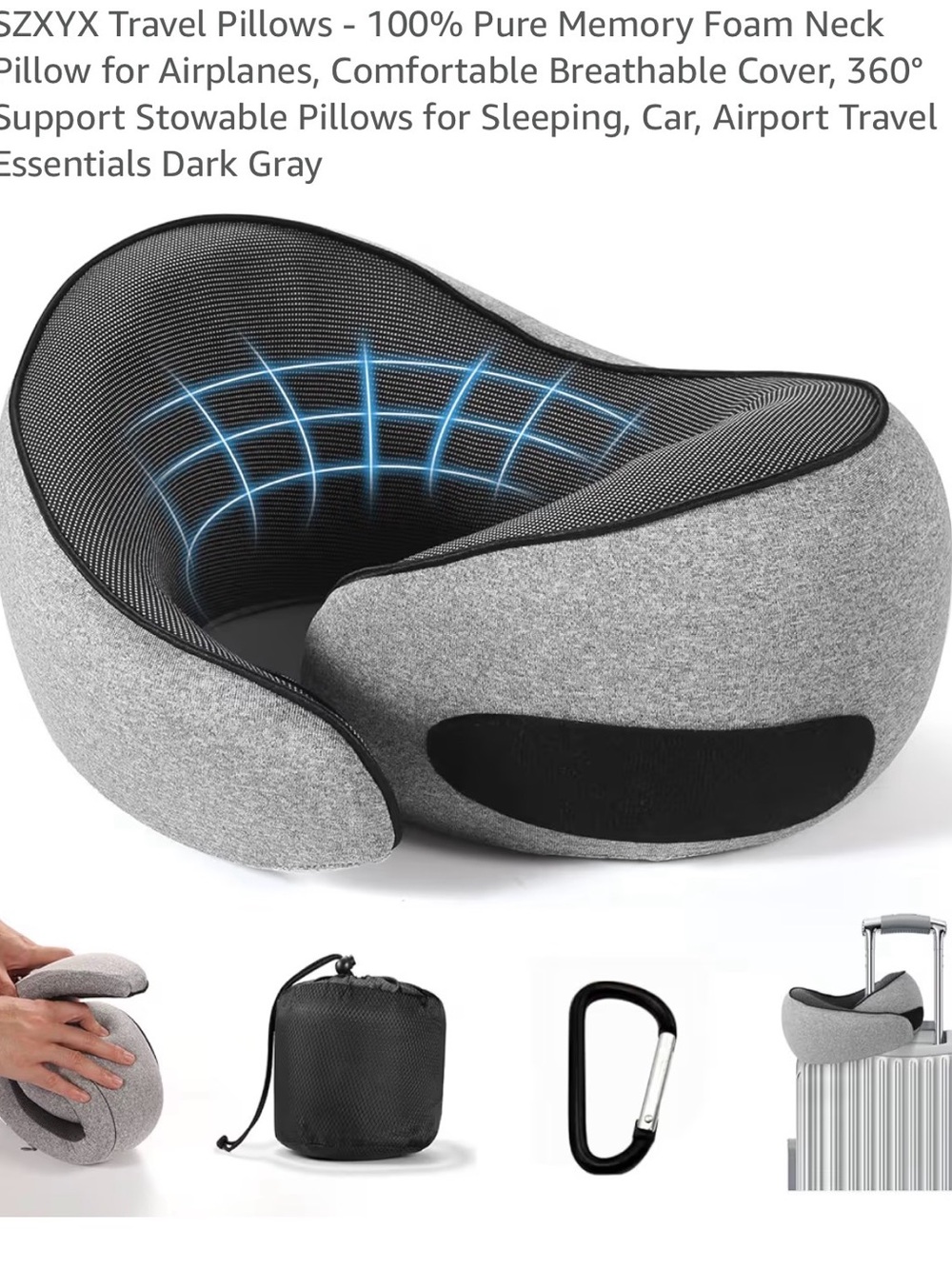 SZXYX Dark Gray Memory Foam Travel Neck Pillow with Breathable Cover